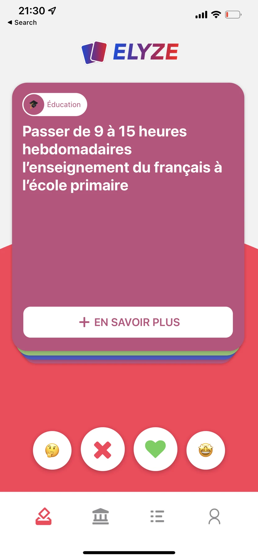 Elyze, écran de swipe